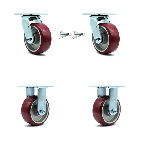 5 Inch Poly on Aluminum Caster Set with Roller Bearings 2 Swivel Lock 2 Rigid